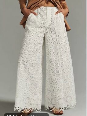 Anthropologie Maeve Ivory Dainty Eyelet Wide Leg Crop Pants Size 2 Boho Wedding